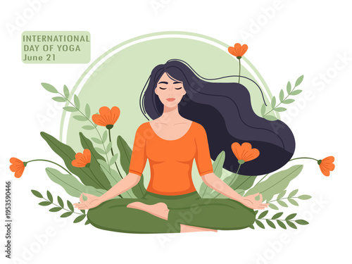 International Day of Yoga Illustration – Woman Meditating in Lotus Pose with Nature Elements