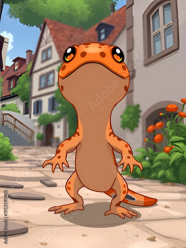 A cartoon salamander with orange and black spots standing on its hind legs in a European environment from a front viewpoint.