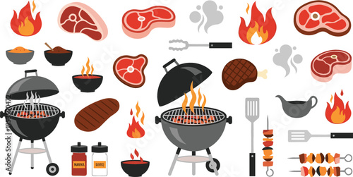 Barbecue Grill Set with Meat Steaks Skewers Fire Flames Sauces and Cooking Tools for Outdoor BBQ Party Food Illustration Collection