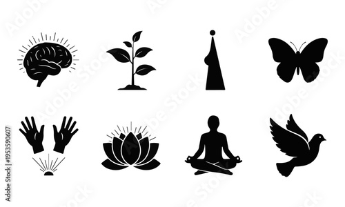 Collection of Black Silhouette Vector Icons for Spirituality, Wellness, Meditation, and Growth