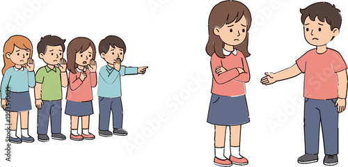 Children Bullying and Conflict Situation Cartoon Illustration Set Showing Kids Teasing Classmate and Sad Boy and Girl Argument for School Awareness Concept
