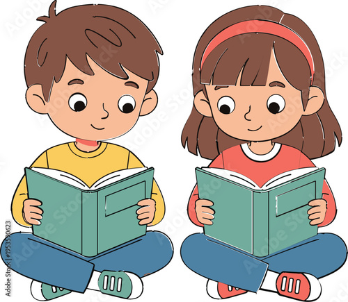 Cute Boy and Girl Reading Books Together Cartoon Illustration Showing Children Sitting and Studying for School Education Learning and Literacy Concept