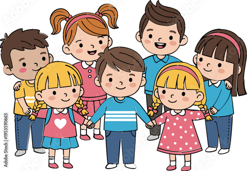 Cute Cartoon Children Group Standing Together Smiling Kids Friendship and Teamwork Concept Colorful Happy Boys and Girls Vector Illustration Collection