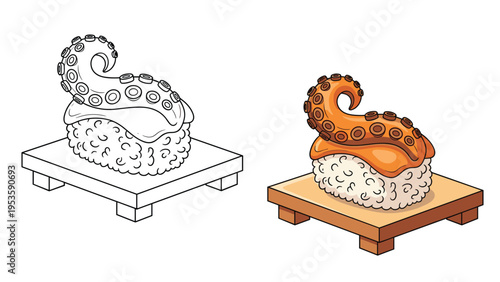 Isometric octopus sushi on a wooden board presented as both a line art drawing and a fully colored 3d illustration.