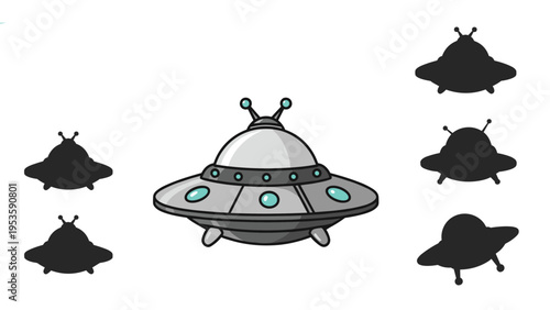 Gray UFO spaceship with glowing teal windows is surrounded by various dark silhouettes for a matching game or identification activity.
