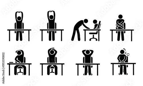 Set of 8 Stick Figure Pictograms Doing Office Desk Exercises and Stretches Vector Illustration