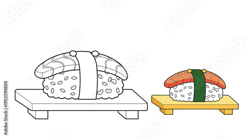 Salmon nigiri sushi on a wooden serving board is presented as a large line art drawing for coloring and a smaller colored reference image.