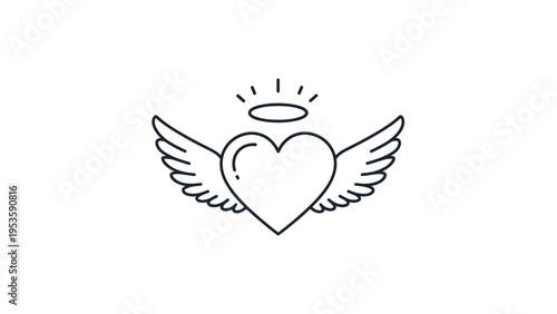 Heart icon with angel wings and a halo in a clean line art style symbolizing love divinity purity and peace for romantic or spiritual designs.