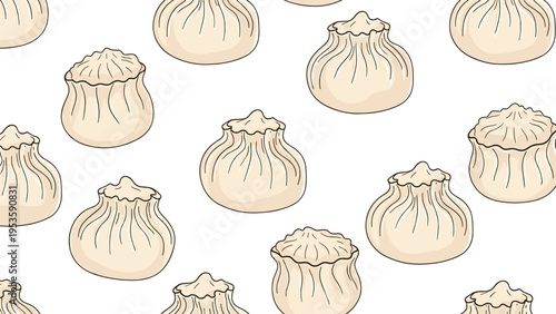 Seamless pattern of delicious steamed dumplings or dim sum characters is spread across a white background for food-themed designs.