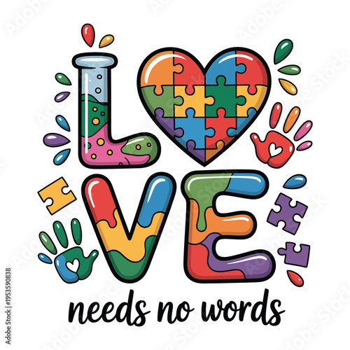 Colorful illustration of the word love with puzzle pieces and scientific elements