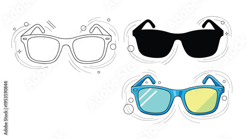 Stylish sunglasses are presented in three distinct formats including a detailed outline, a solid silhouette, and a colorful illustration.