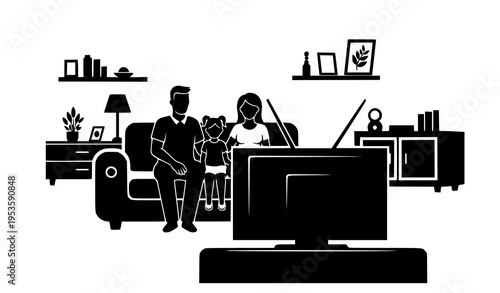 Family watching TV silhouette vector with parents and daughter in flat living room interior scene