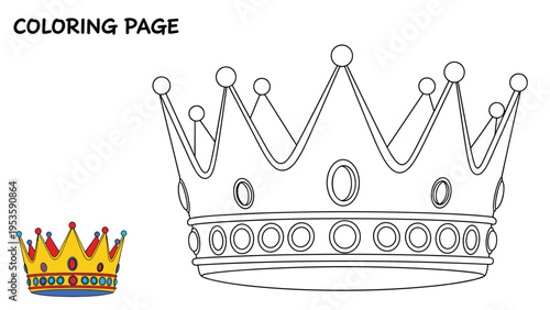 Coloring page for children features a large royal crown decorated with jewels and gold, including a small colored version for guidance.