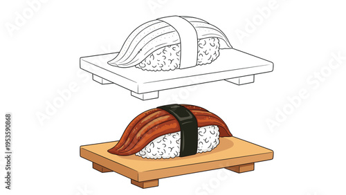 Unagi or eel nigiri sushi served on a wooden block is presented as an outline for coloring and a fully colored illustration.