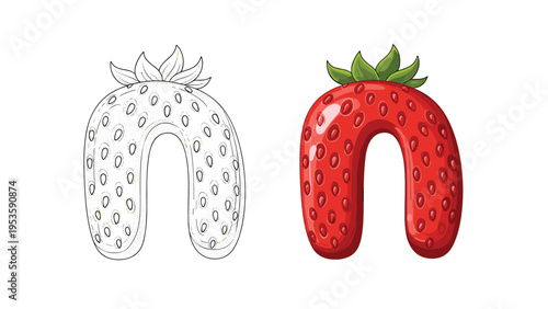 Alphabet letter N creatively designed as a strawberry is available as a line art drawing for tracing and a vibrant red colored version.