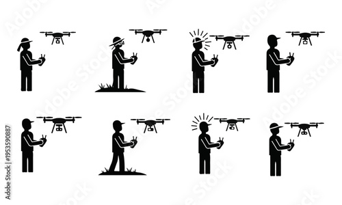 Collection of Drone Operator Stick Figure Icons Operating UAVs with Remote Control