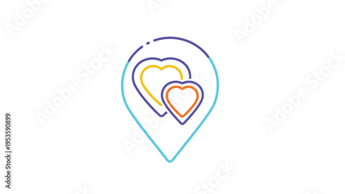 Map pin icon featuring two interlocking hearts is rendered with vibrant gradient outlines, symbolizing a favorite or romantic location.