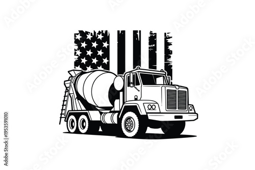 Cement mixer truck silhouette overlaid with a distressed american flag design