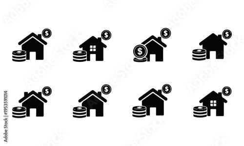 Set of Black House and Coin Vector Icons for Real Estate Investment Concept