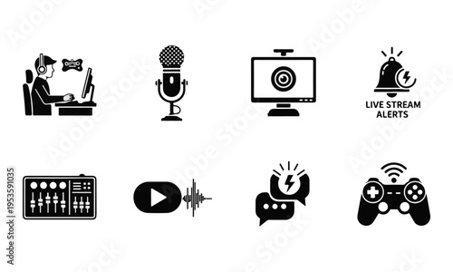 Modern Vector Icon Set for Gaming, Live Streaming, and Content Creation