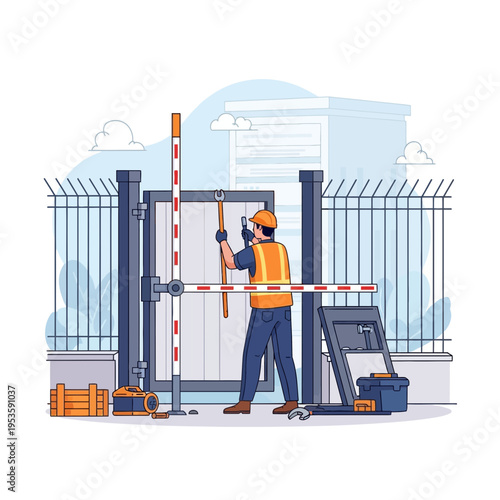 Construction worker performing maintenance on an automated gate system with tools and equipment