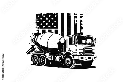 American flag design featuring a concrete mixer truck in black and white