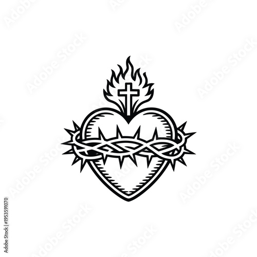 A black and white illustration of the sacred heart of jesus with thorns