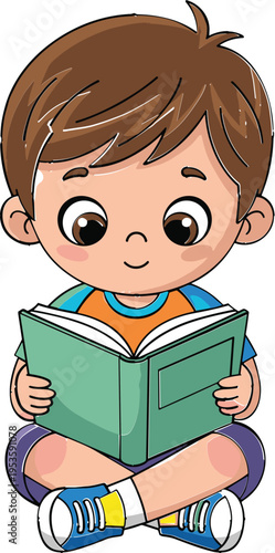 Cute Little Boy Sitting and Reading Book Cartoon Illustration Character for Childhood Education Learning Literacy and School Study Concept Design