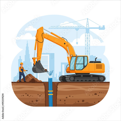 Construction worker and excavator repairing underground pipe in urban development site