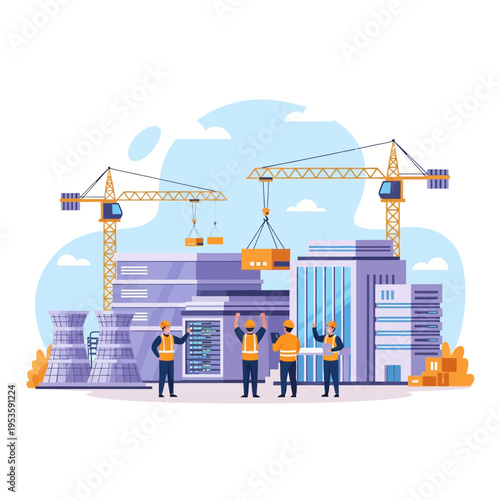 Construction team celebrating project completion with cranes and new buildings