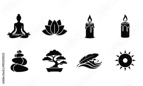 Wellness and Spa Vector Icon Set. Collection of Black Silhouette Symbols for Meditation and Relaxation.