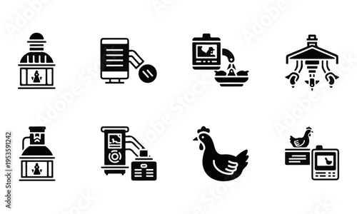Set of Black Glyph Vector Icons for Poultry Farming, Chicken Industry, and Egg Production