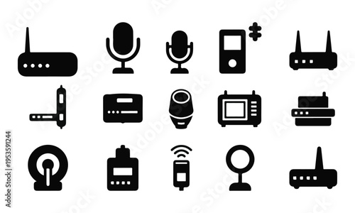 Black Technology Icons Set. Network Routers, Wireless Devices, and Microphones Vector Collection.