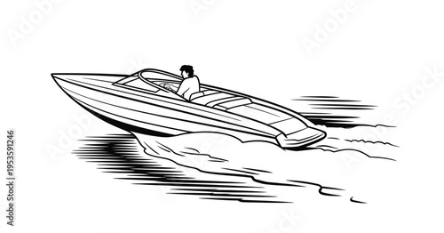 Line art illustration of a speed boat moving swiftly across water waves