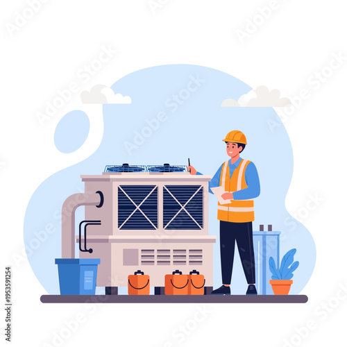 Civil engineer inspecting rooftop HVAC equipment with checklist and pen