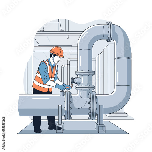 Industrial engineer performing maintenance on large pipelines in a factory facility