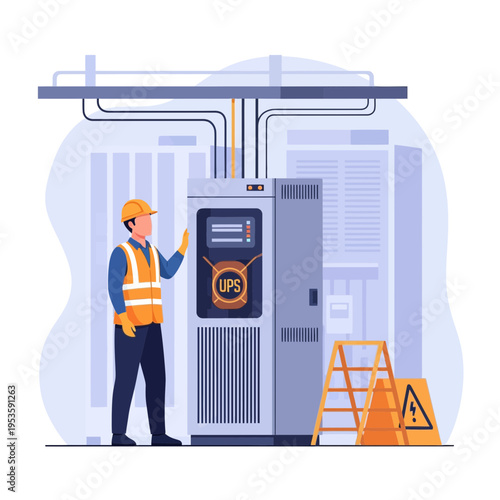 Engineer Supervising Installation of UPS Power System in Data Center