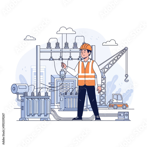 Engineer Supervising Electrical Substation Installation with Crane and Transformer