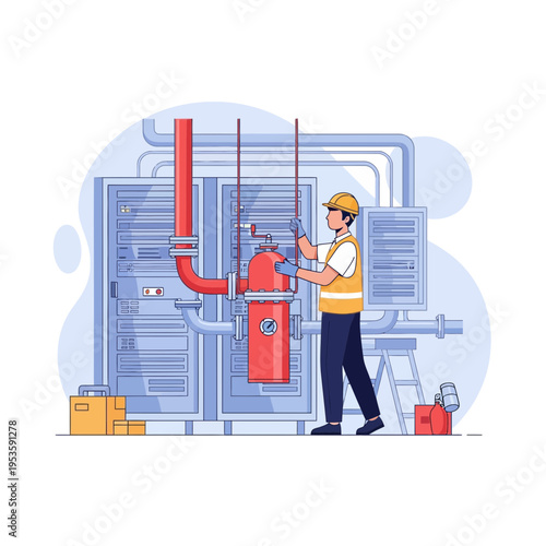 Engineer installing a fire suppression system in an industrial facility