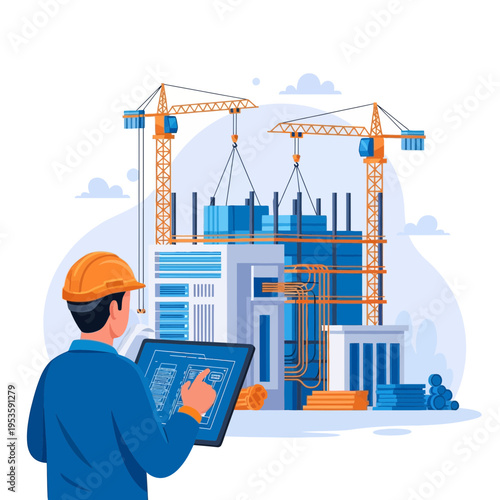Engineer reviewing construction blueprint with cranes and building in progress
