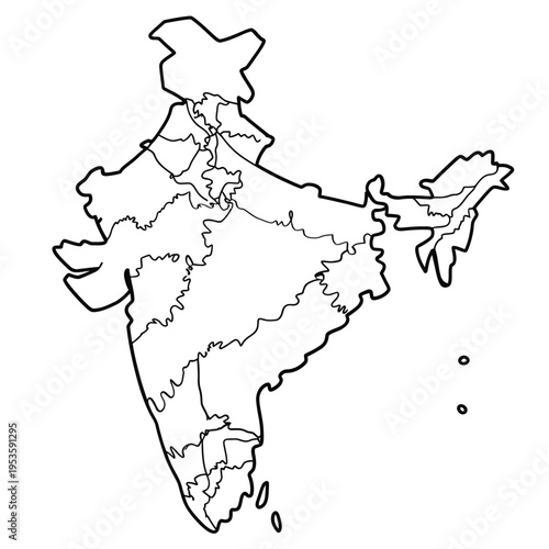 A detailed black and white outline map illustrating the geography of india