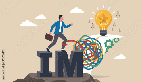 Make impossible team success project possible, optimistic achieve goal challenge problem concept confidence, businessman step up IM achieve possible