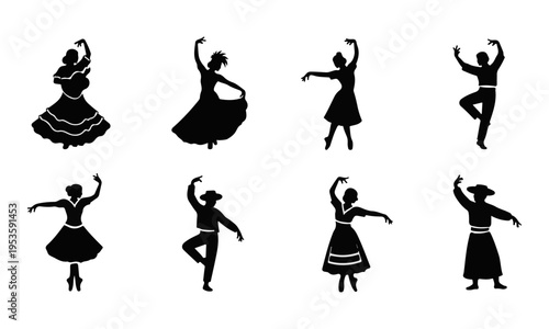 Collection of traditional Spanish folk dancers black vector silhouettes