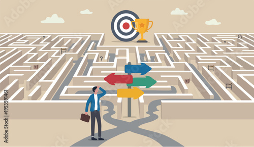 Path or goal and win trophy, solve problem or business decision concept, contemplation businessman finding the way in labyrinth to reach target