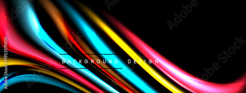 Abstract colorful waves flow across black background. Dynamic lines create modern design, vibrant energy. Smooth curves suggest movement, depth.