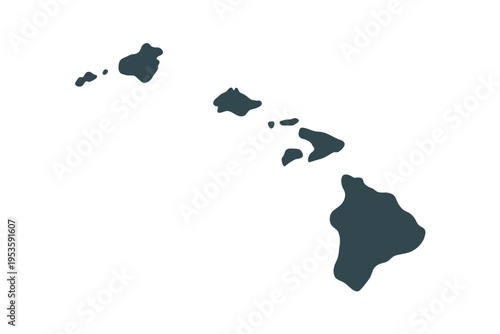 A dark blue silhouette map of the hawaiian islands against a white background