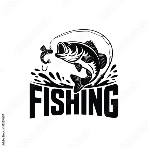 A striking black and white illustration depicting a fish caught on a line