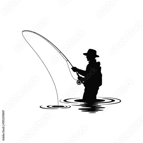 Silhouette of a fly fisherman casting a line in calm water