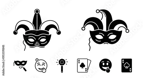Solid glyph icons set for April Fools Day featuring jester hat masquerade mask laughing emoji and playing cards