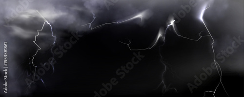 Realistic stormy sky with lightning bolts and clouds on black background. Vector illustration of dramatic weather scene with electric strikes, thunderbolt on moody cloudy backdrop, spooky atmosphere